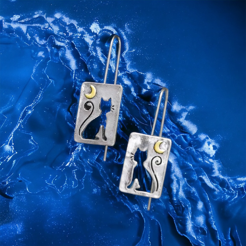 Cute Cat Crescent Design Vintage Style‎ Alloy Ancient Silver Color Earrings